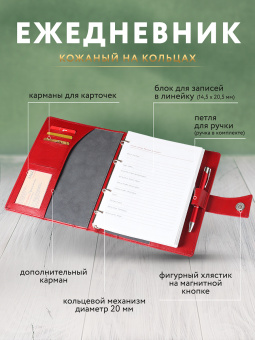 Ежедневник кожаный "By Plane" А5 с кольцевым механизмом, красный C8-06